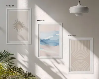 Conjunto de 3 quadros com moldura com estampa de ondas de sol e linhas abstratas em tons pastel