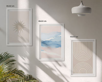 Conjunto de 3 quadros com moldura Ondas de sol, linhas abstratas, tons pastel.