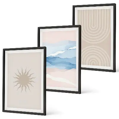 Conjunto de 3 quadros com moldura com estampa de ondas de sol e linhas abstratas em tons pastel