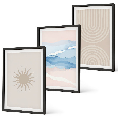 Conjunto de 3 quadros com moldura Ondas de sol, linhas abstratas, tons pastel.