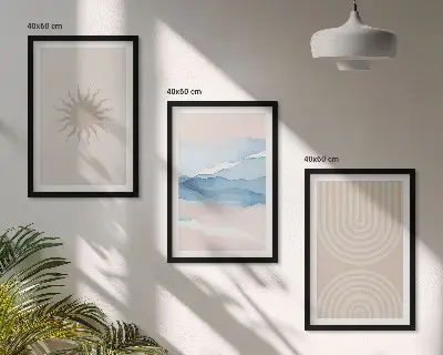 Conjunto de 3 quadros com moldura com estampa de ondas de sol e linhas abstratas em tons pastel