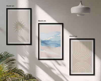 Conjunto de 3 quadros com moldura Ondas de sol, linhas abstratas, tons pastel.