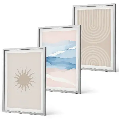 Conjunto de 3 quadros com moldura com estampa de ondas de sol e linhas abstratas em tons pastel