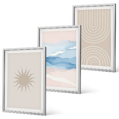 Conjunto de 3 quadros com moldura Ondas de sol, linhas abstratas, tons pastel.