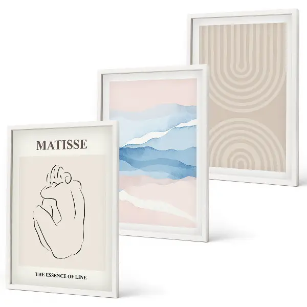 Conjunto de quadros para sala de estar com estampas de linhas, ondas e minimalismo em tons pastel