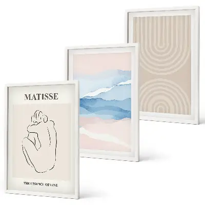 Conjunto de quadros para sala de estar com estampas de linhas, ondas e minimalismo em tons pastel