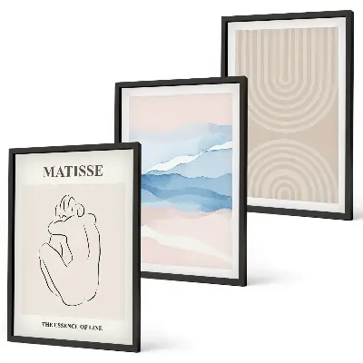 Conjunto de quadros para sala de estar com estampas de linhas, ondas e minimalismo em tons pastel
