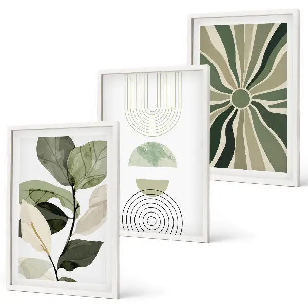 Conjunto de 3 quadros com moldura com motivos vegetais e geométricos