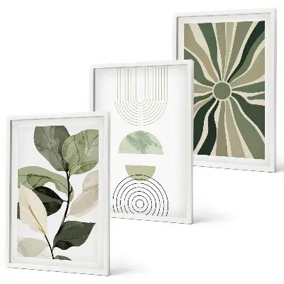 Conjunto de 3 quadros com moldura com motivos vegetais e geométricos