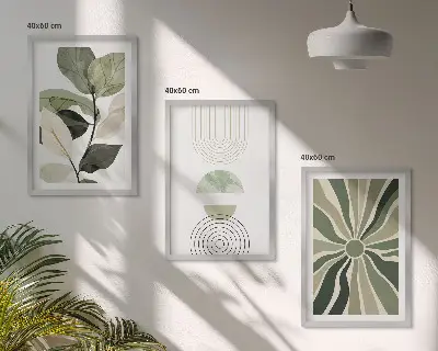 Conjunto de 3 quadros com moldura com motivos vegetais e geométricos
