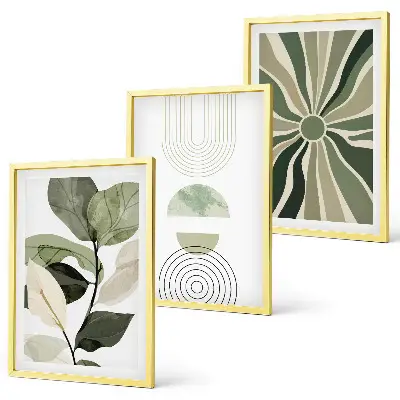 Conjunto de 3 quadros com moldura com motivos vegetais e geométricos