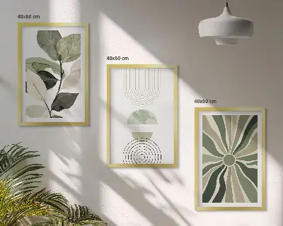 Conjunto de 3 quadros com moldura com motivos vegetais e geométricos