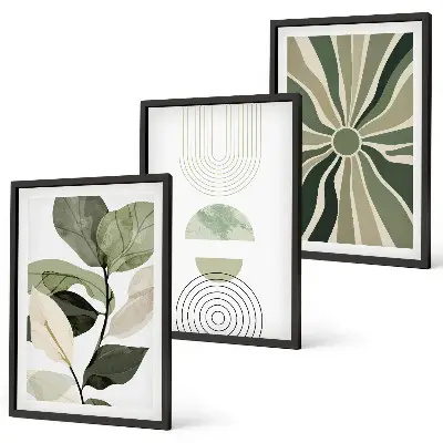 Conjunto de 3 quadros com moldura com motivos vegetais e geométricos