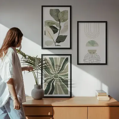 Conjunto de 3 quadros com moldura com motivos vegetais e geométricos