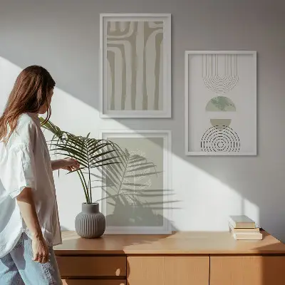 Conjunto de quadros para sala de estar com padrões geométricos de plantas