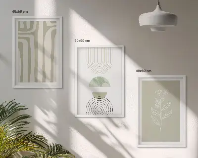Conjunto de quadros para sala de estar com padrões geométricos de plantas