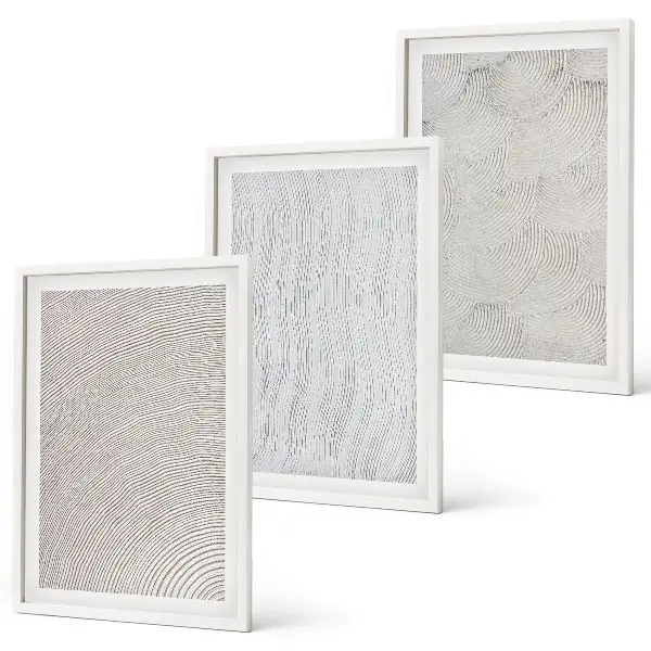 Conjunto de 3 quadros com moldura com padrões de areia e estruturas geométricas