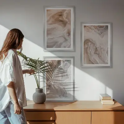 Conjunto de quadros para sala de estar com estampa de pedra de mármore abstrata