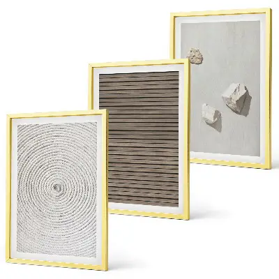 Composição de quadros moderna com texturas naturais de madeira e pedra