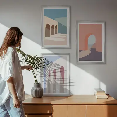 Conjunto de quadros para sala de estar com gráficos arquitetônicos em tons pastel