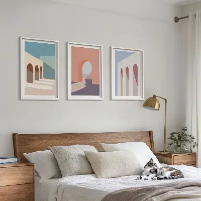 Conjunto de quadros para sala de estar com gráficos arquitetônicos em tons pastel