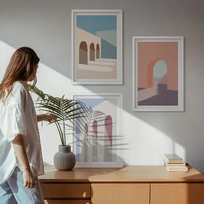 Conjunto de quadros para sala de estar com gráficos arquitetônicos em tons pastel