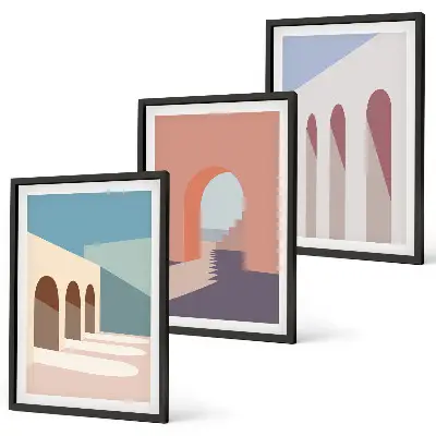 Conjunto de quadros para sala de estar com gráficos arquitetônicos em tons pastel