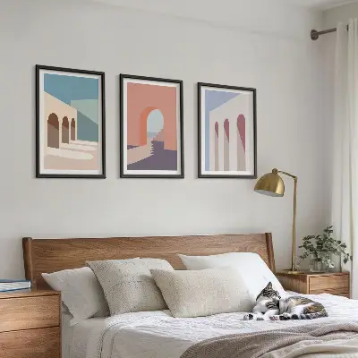 Conjunto de quadros para sala de estar com gráficos arquitetônicos em tons pastel