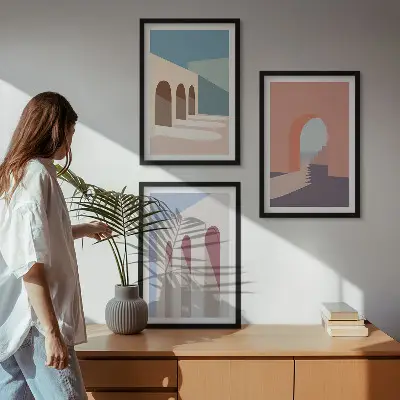 Conjunto de quadros para sala de estar com gráficos arquitetônicos em tons pastel