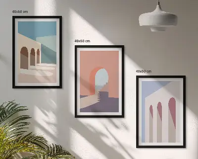 Conjunto de quadros para sala de estar com gráficos arquitetônicos em tons pastel