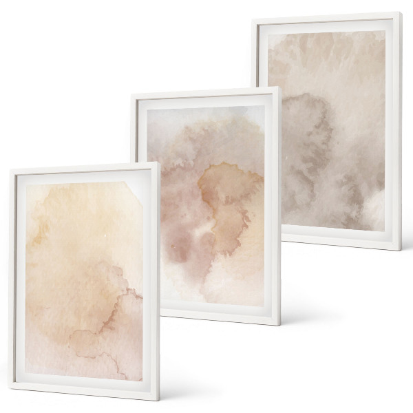 Conjunto de 3 quadros com moldura Texturas em tons pastel de aquarela quente