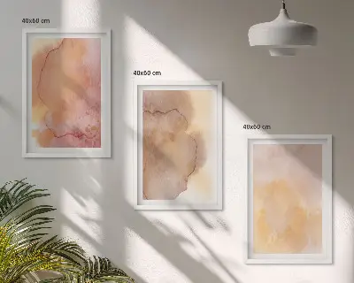 Conjunto de quadros para sala de estar com texturas coloridas em tons quentes de aquarela