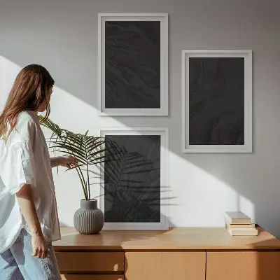 Conjunto de 3 quadros com moldura com estampas de texturas elegantes de mármore escuro