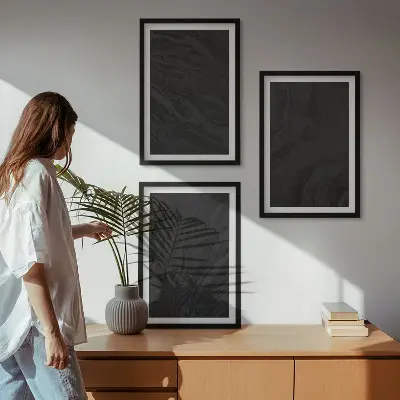 Conjunto de 3 quadros com moldura com estampas de texturas elegantes de mármore escuro