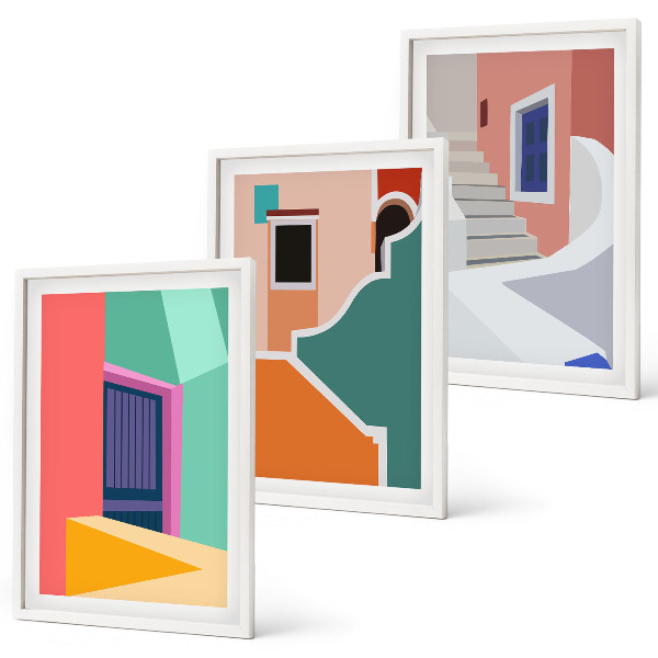 Conjunto de 3 quadros com moldura Ilustrações coloridas de edifícios