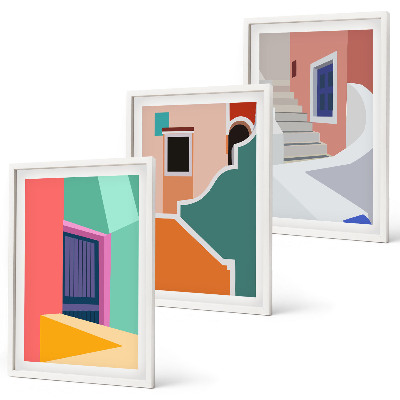 Conjunto de 3 quadros com moldura Ilustrações coloridas de edifícios