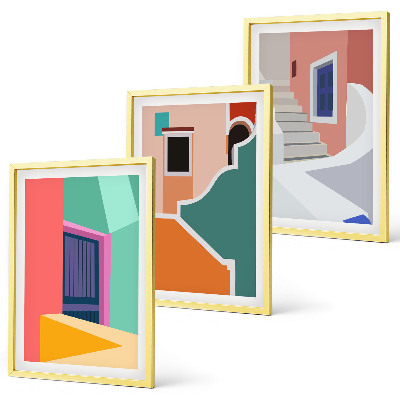 Conjunto de 3 quadros com moldura Ilustrações coloridas de edifícios