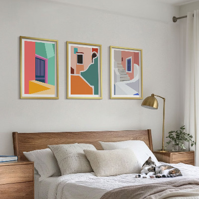 Conjunto de 3 quadros com moldura Ilustrações coloridas de edifícios
