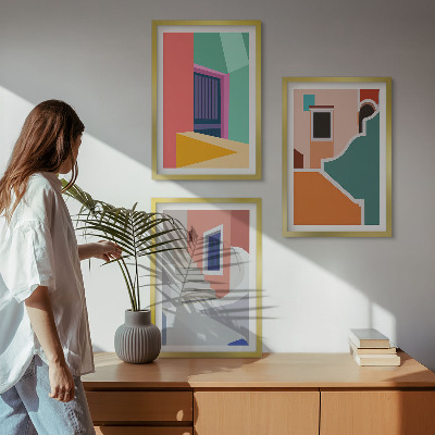 Conjunto de 3 quadros com moldura Ilustrações coloridas de edifícios