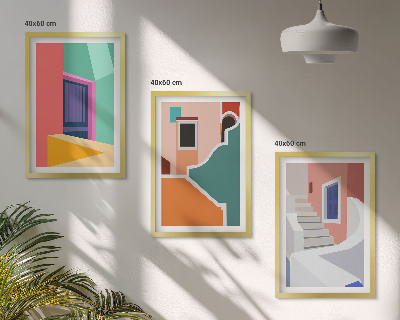 Conjunto de 3 quadros com moldura Ilustrações coloridas de edifícios