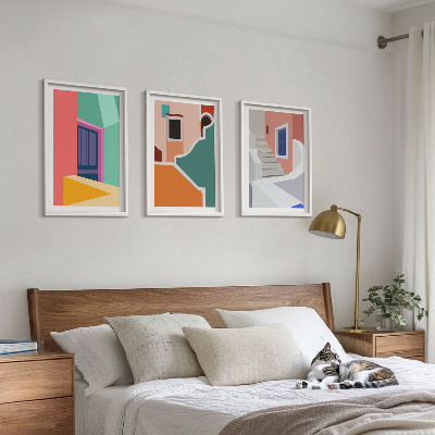 Conjunto de 3 quadros com moldura Ilustrações coloridas de edifícios