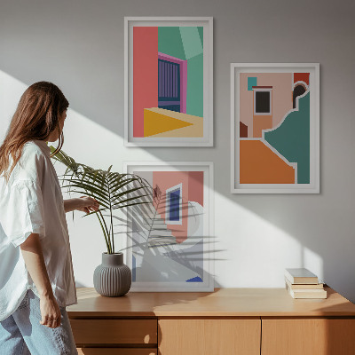 Conjunto de 3 quadros com moldura Ilustrações coloridas de edifícios