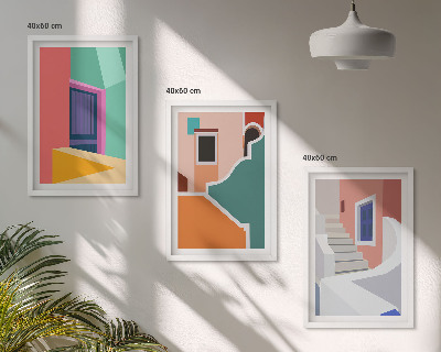 Conjunto de 3 quadros com moldura Ilustrações coloridas de edifícios