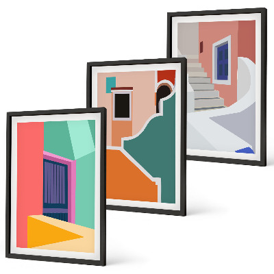 Conjunto de 3 quadros com moldura Ilustrações coloridas de edifícios