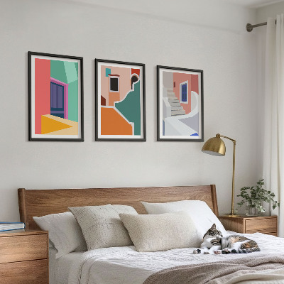 Conjunto de 3 quadros com moldura Ilustrações coloridas de edifícios