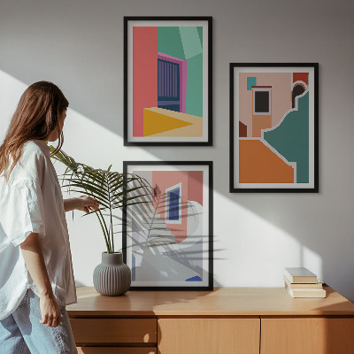 Conjunto de 3 quadros com moldura Ilustrações coloridas de edifícios