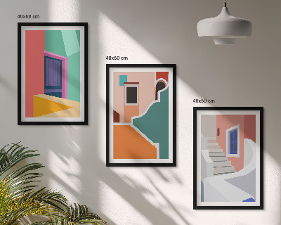 Conjunto de 3 quadros com moldura Ilustrações coloridas de edifícios