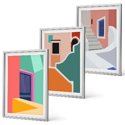 Conjunto de 3 quadros com moldura Ilustrações coloridas de edifícios
