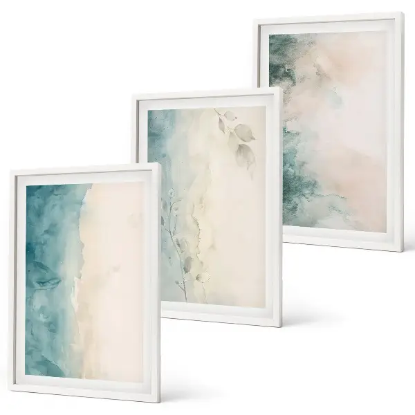 Conjunto de 3 quadros com moldura com estampa de minimalismo em tela aquarela