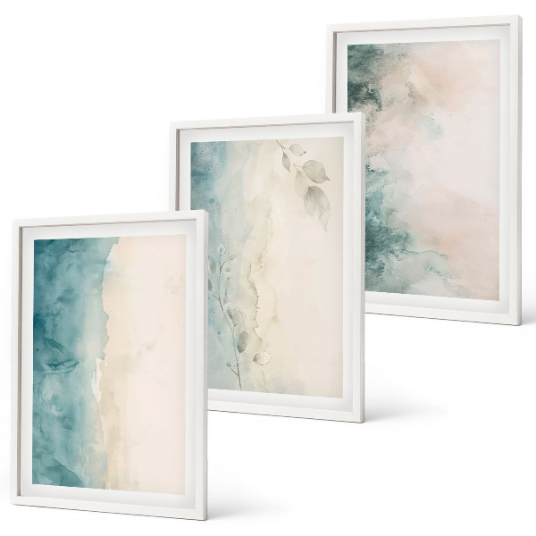 Conjunto de 3 quadros com moldura Minimalismo em tela aquarela